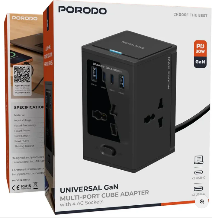 Porodo Universal GaN Multi-Port Cube Adapter with 4 AC Sockets - Black